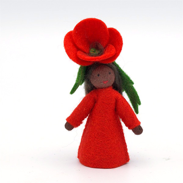 Red Poppy Fairy Felt Doll dark skin