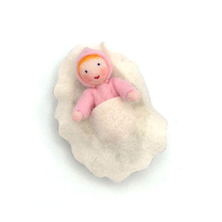 Pink Dollhouse Baby in Walnut-Shell Cradle