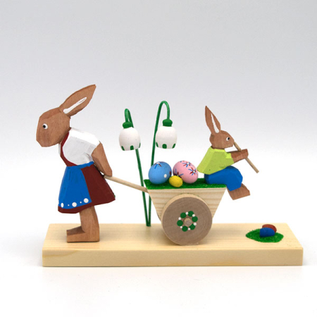Carved Easter Rabbit Mother with Easter Egg Cart