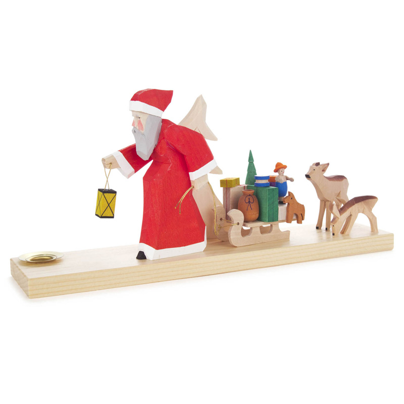 Wooden Santa with Sled and Deer Candleholder