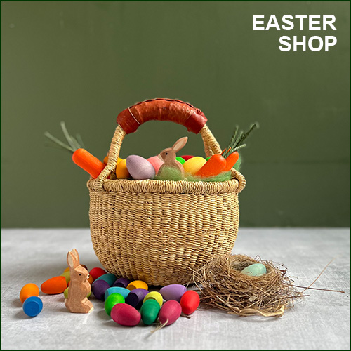 Toys and gifts for spring and easter, including Ostheimer, egg dye, baskets, and more